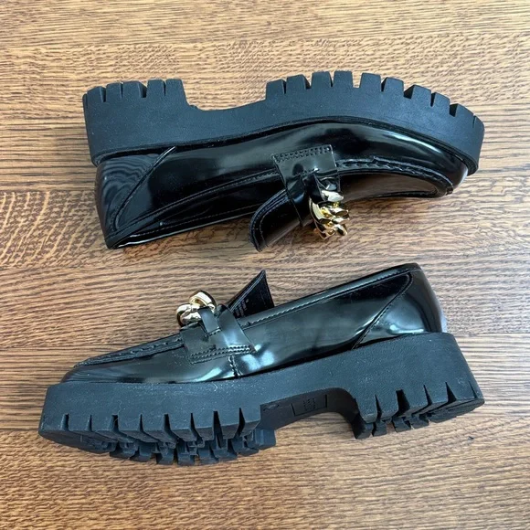 GUESS Hillford‎ Black Lug Sole Chunky Platform Loafers Preppy Patent Chain Y2K 7 - Picture 10 of 10